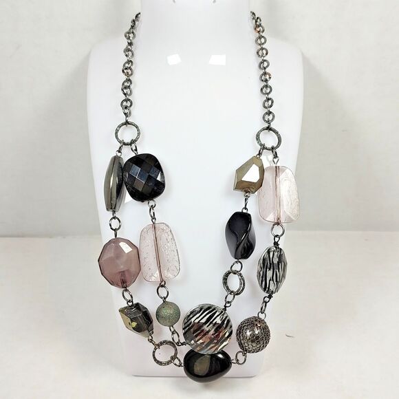 Gunmetal Chain Statement Necklace Zebra Print Beads Faceted Artisan 17" - 19" - Picture 2 of 14